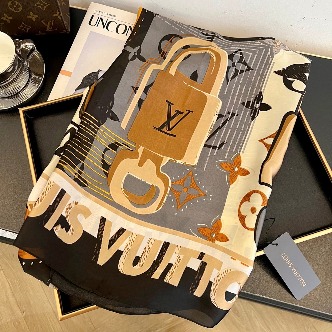 LV Long Scarf 180 Black Beige Colorful Mulberry Silk 172990