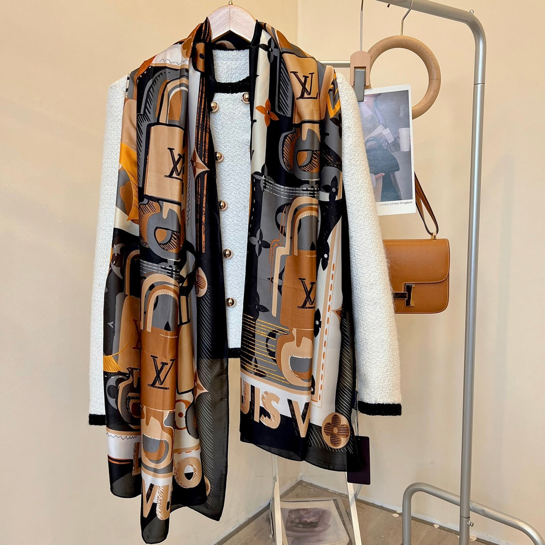 LV Long Scarf 180 Black Beige Colorful Mulberry Silk 172990