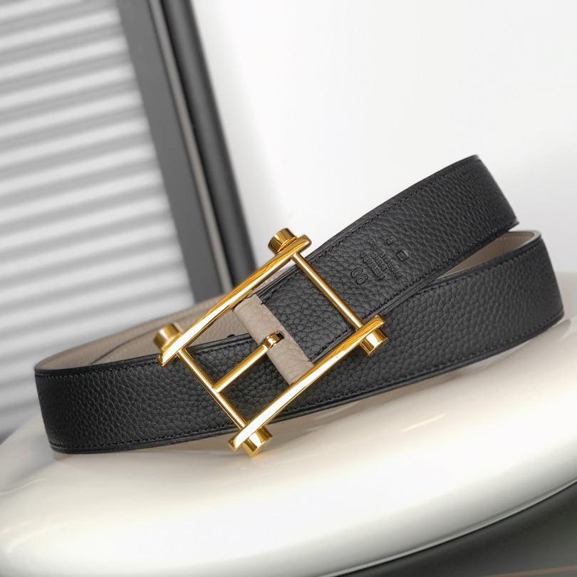 HM REVERSIBLE BLACK AND BLACK AND KHAKI BROWN LEATHER STRAP 32 MM GOLD HARDWARE