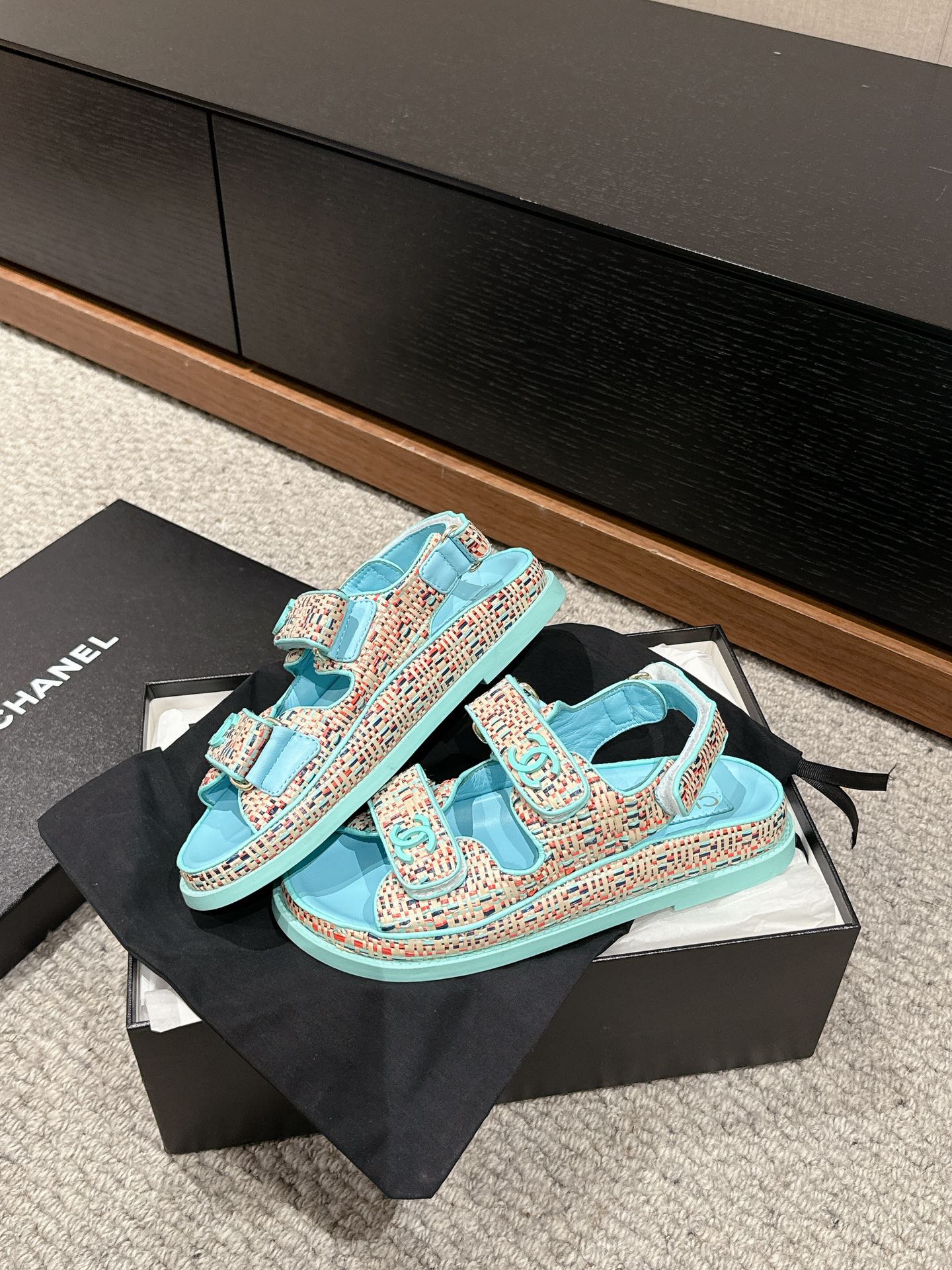 dad sandal mule cream raffia tiffany blue calfskin