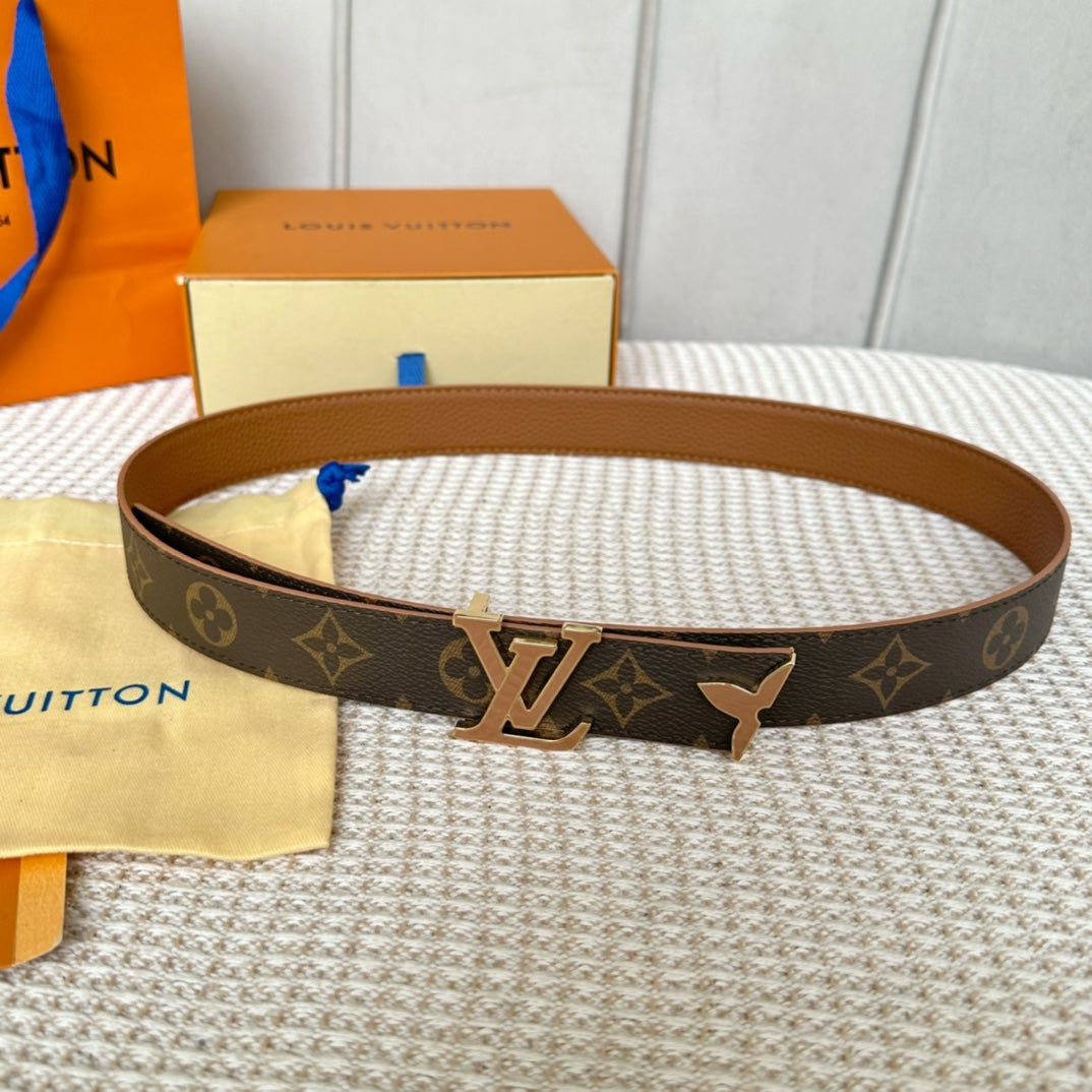 Pretty LV 30mm Reversible Belt Tan Gold Buckle Tan Brown Leather