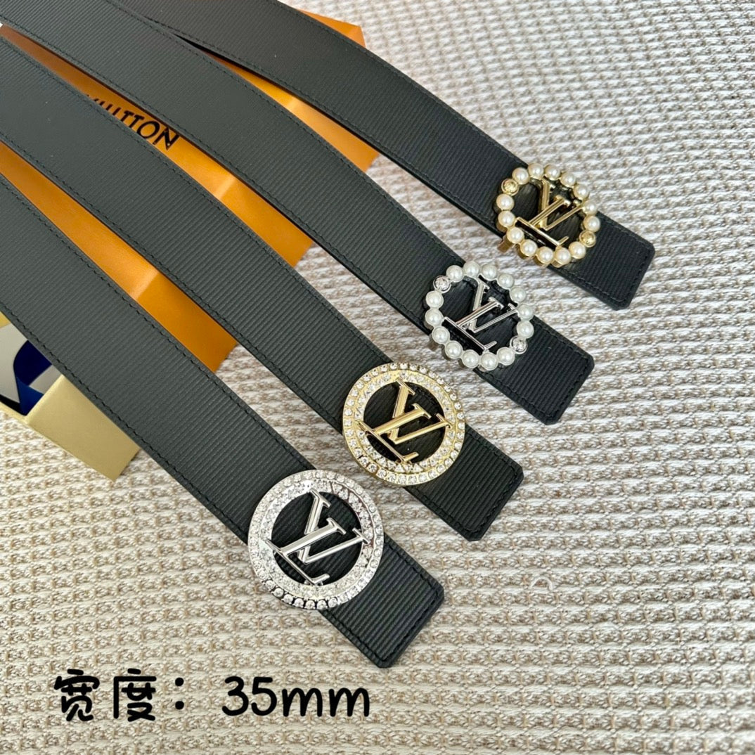 LV CIRCLE PEARL 35MM REVERSIBLE BELT IN BLACK CALFSKIN SILVER HARDWARE