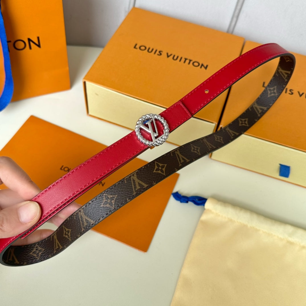 LV Circle Nautical 20mm Reversible Belt Silver Buckle Red Brown Lambskin