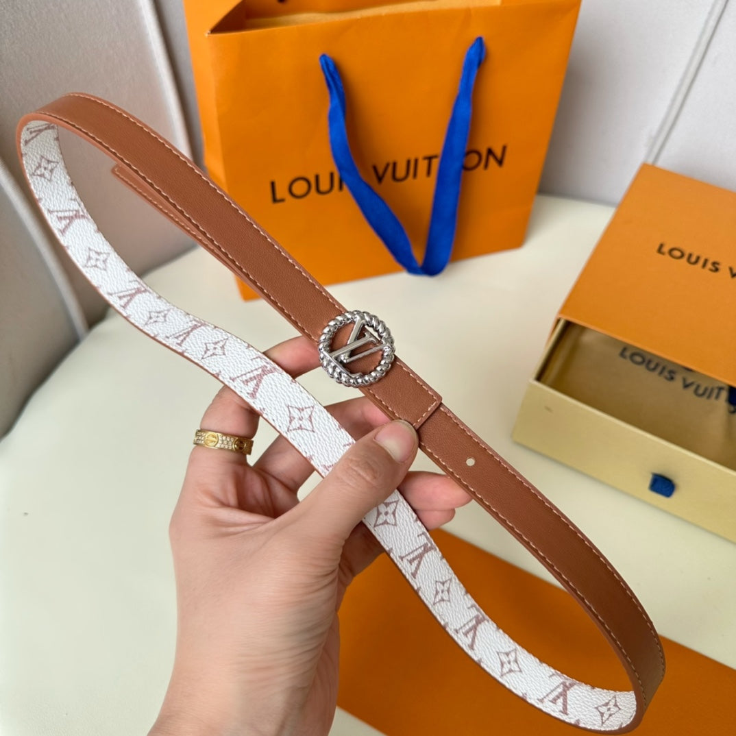 LV Circle Nautical 20mm Reversible Square End Tip Belt Silver Buckle Tan White lambskin
