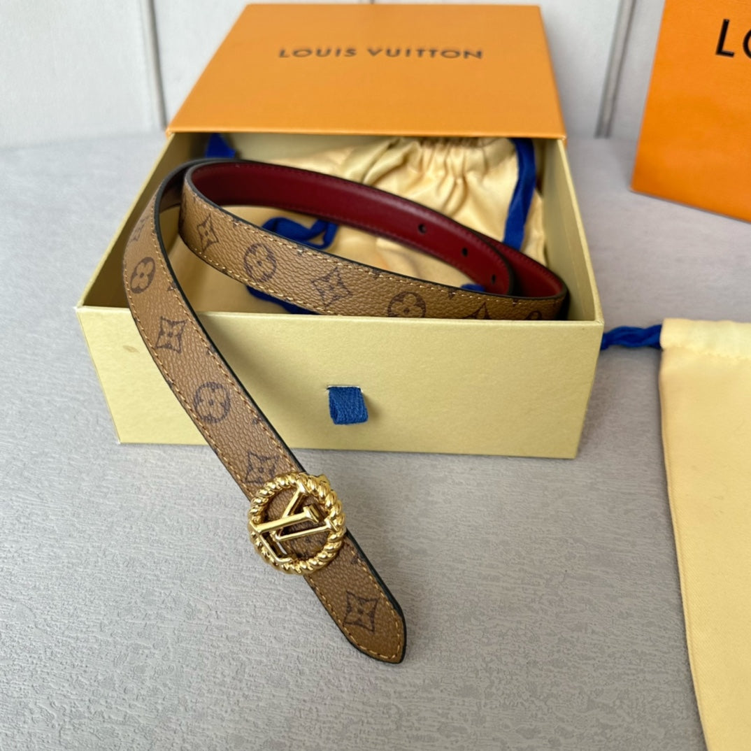 LV Circle Nautical 20mm Reversible Belt Gold Buckle Burgundy Light Brown Lambskin