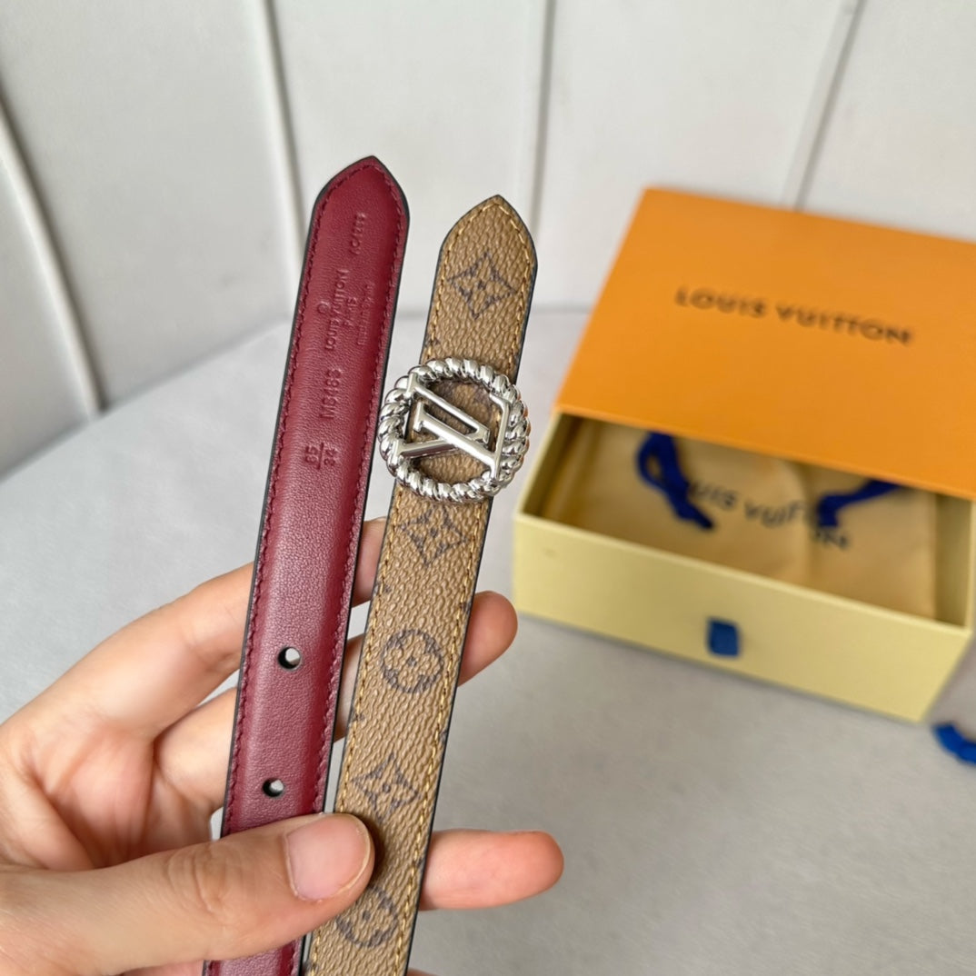 LV Circle Nautical 20mm Reversible Belt Silver Buckle Burgundy Light Brown Lambskin