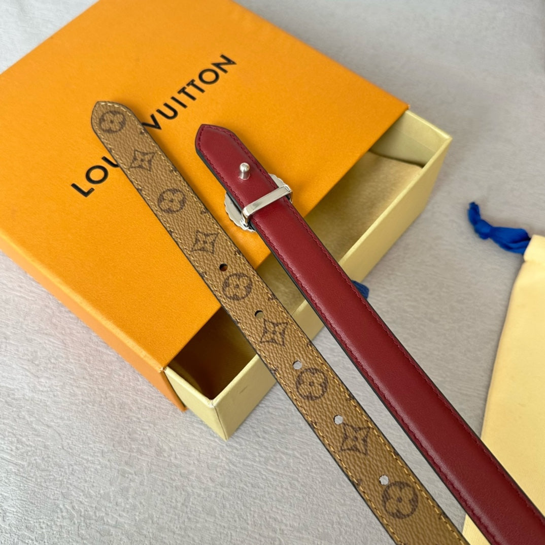 LV Circle Nautical 20mm Reversible Belt Silver Buckle Burgundy Light Brown Lambskin