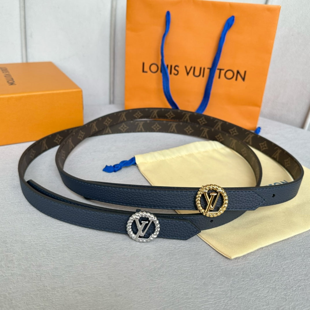 LV Circle Nautical 20mm Reversible Belt Silver Buckle Navy Blue Brown Leather