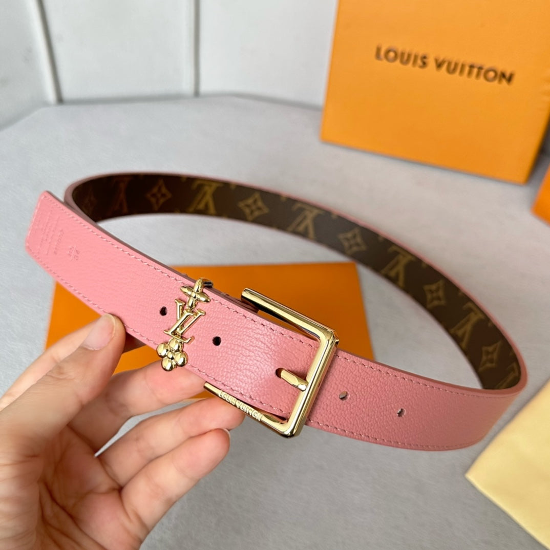LV Bloom 30mm Belt Gold Buckle Pink Brown Leather
