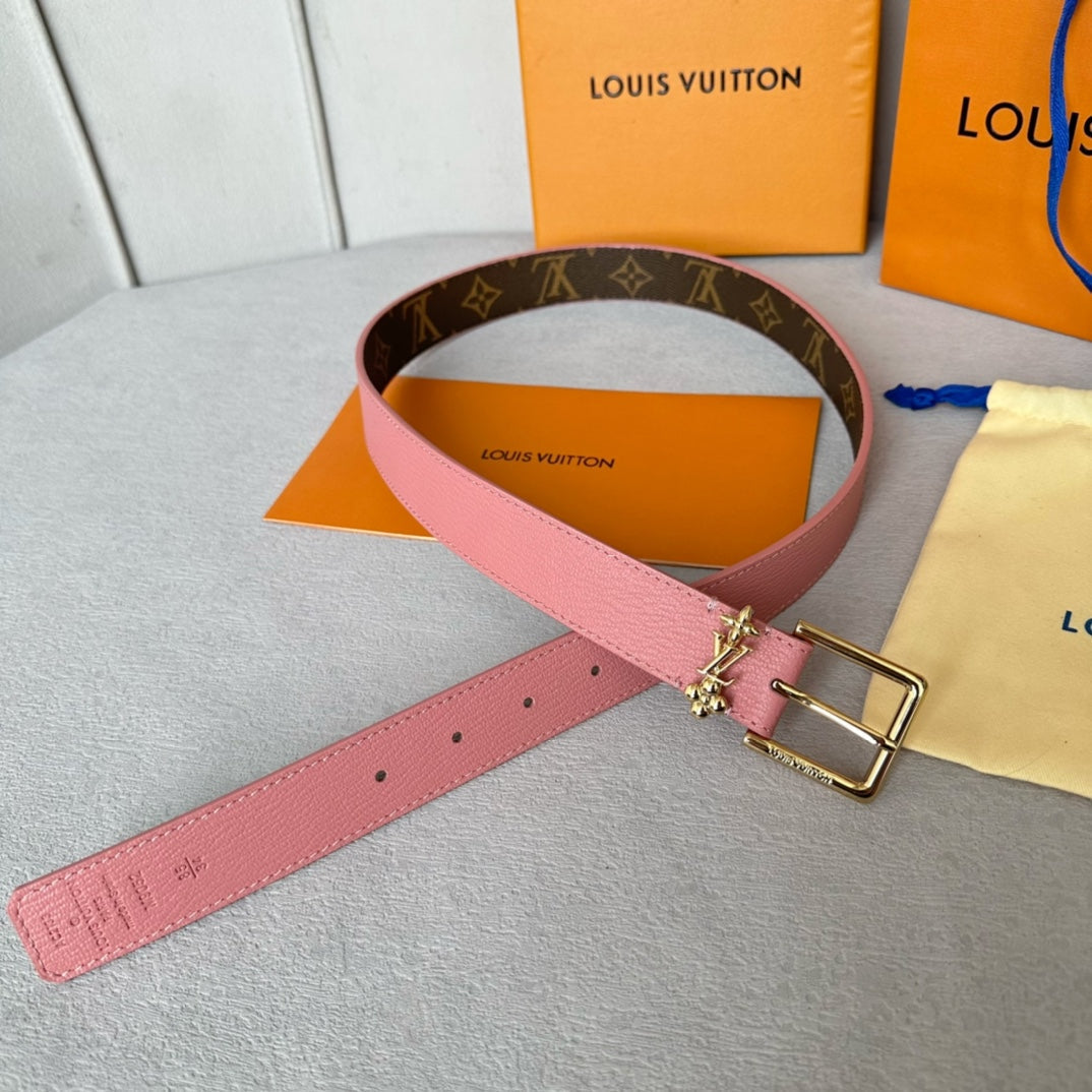 LV Bloom 30mm Belt Gold Buckle Pink Brown Leather
