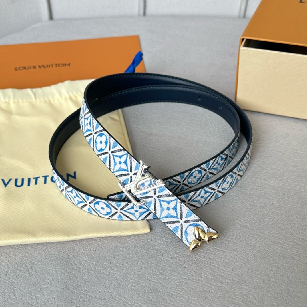 Pretty LV 20mm Reversible Belt Silver Buckle Black White Blue Leather