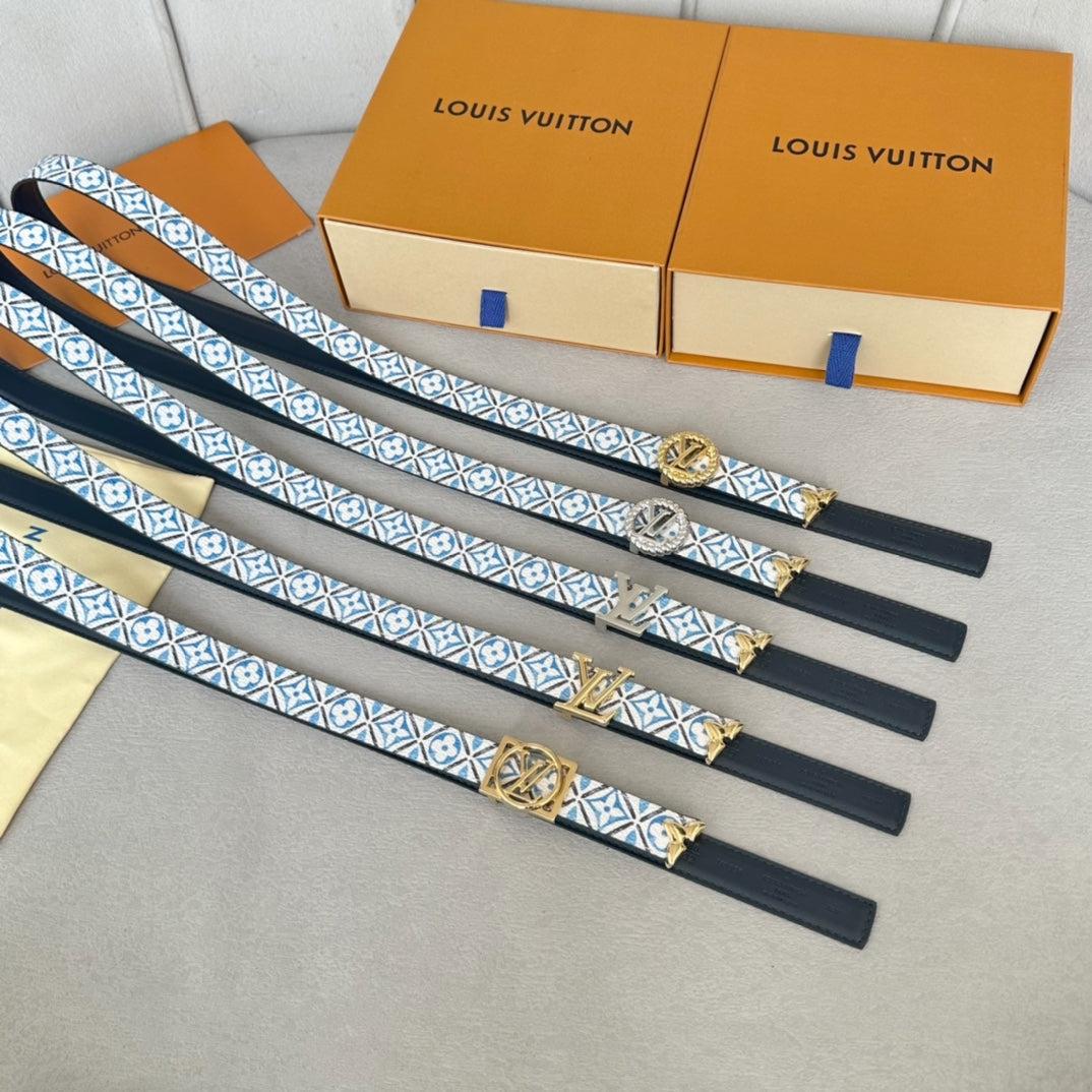 Pretty LV 20mm Reversible Belt Gold Buckle Black White Blue Leather