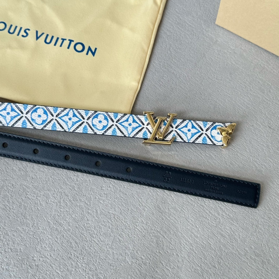 Pretty LV 20mm Reversible Belt Gold Buckle Black White Blue Leather