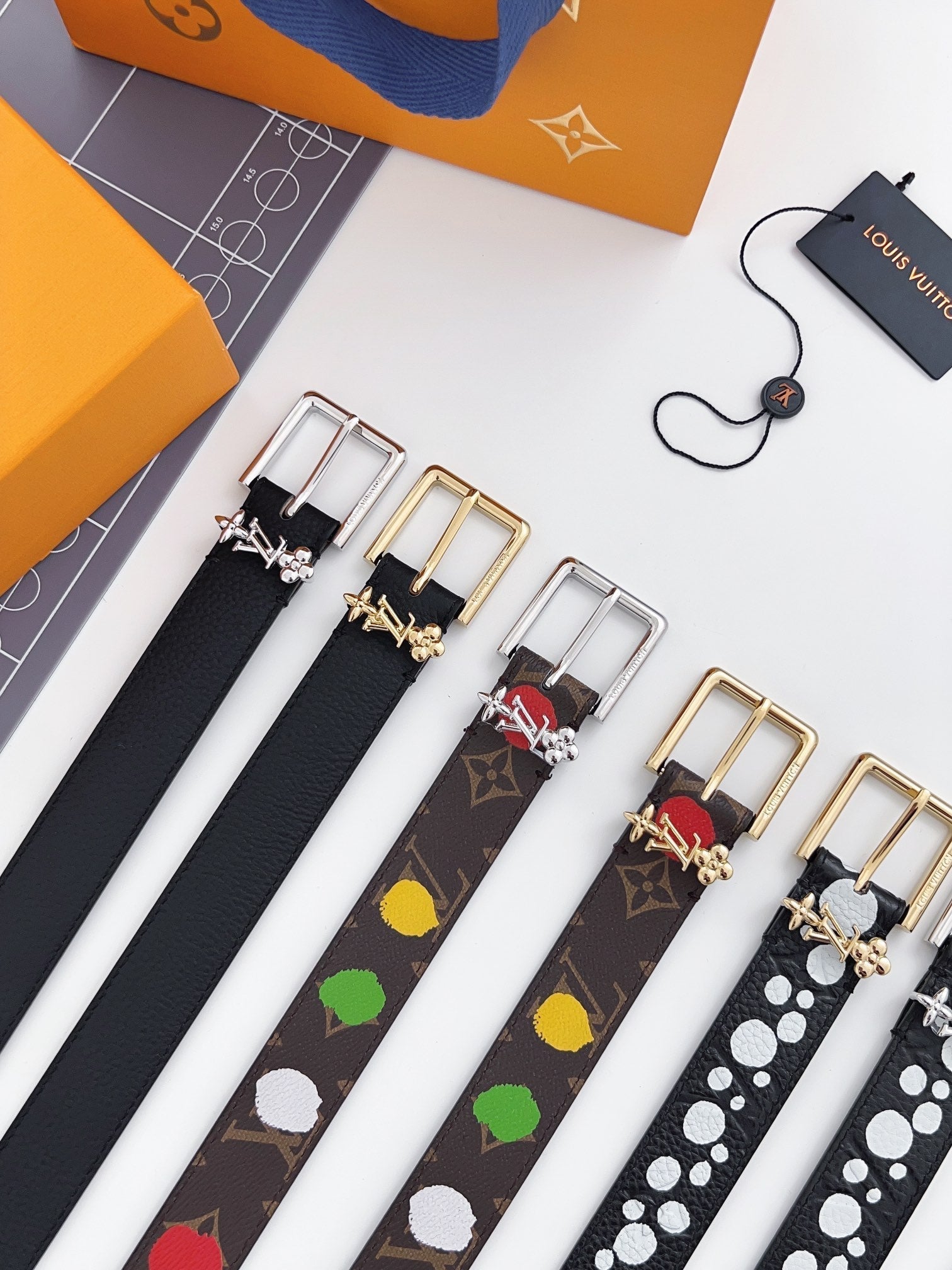 LV Bloom 30mm Mutilcolor Belt Silver Buckle Black Brown Leather