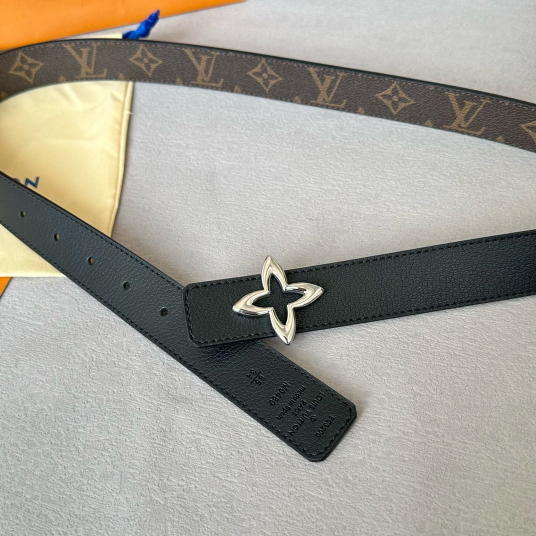 LV Flowergram 30mm Reversible Belt Silver Buckle Black Brown Leather