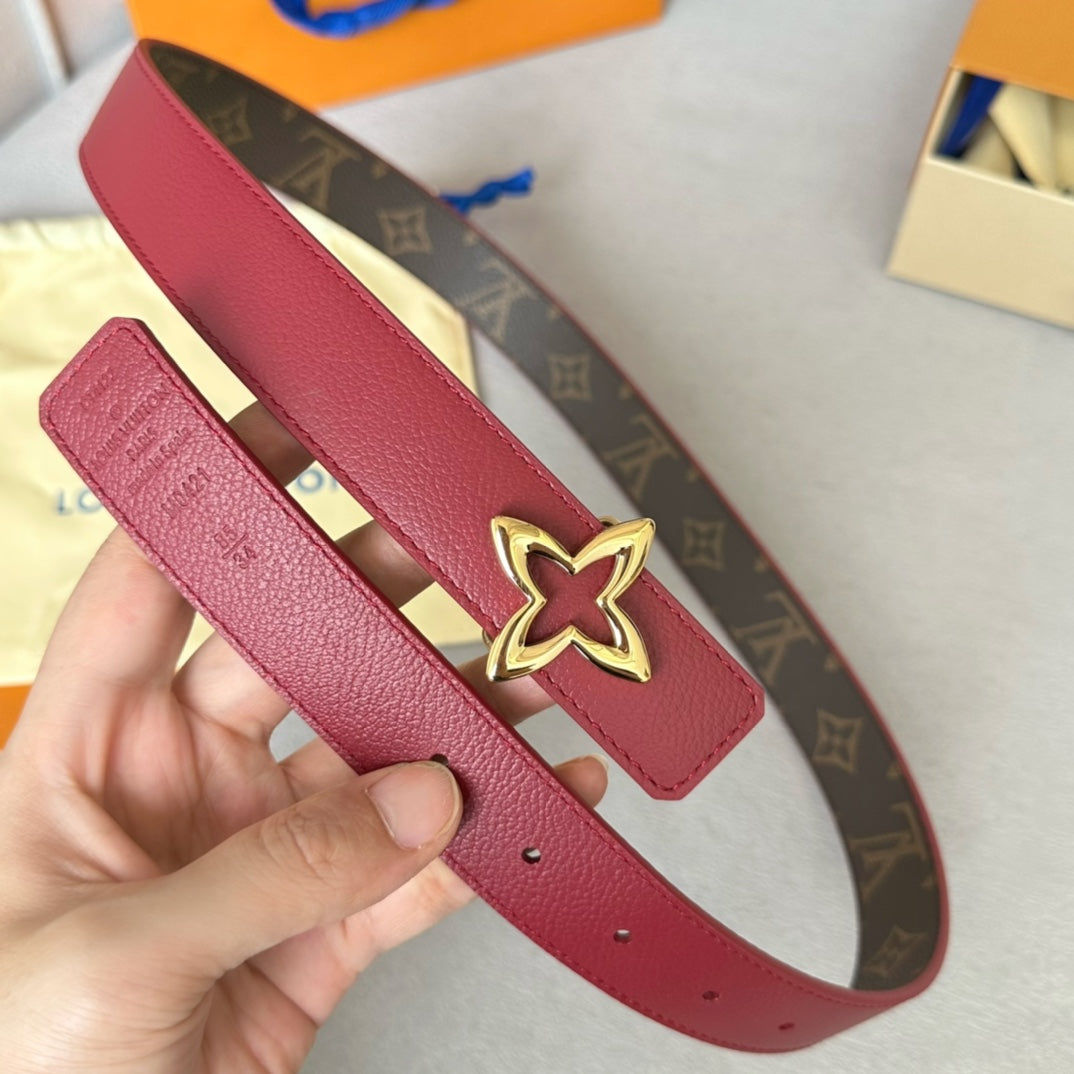 LV  MINI FLOWERGRAM 30MM REVERSIBLE BELT IN BLOOD RED CALFSKIN GOLD HARDWARE
