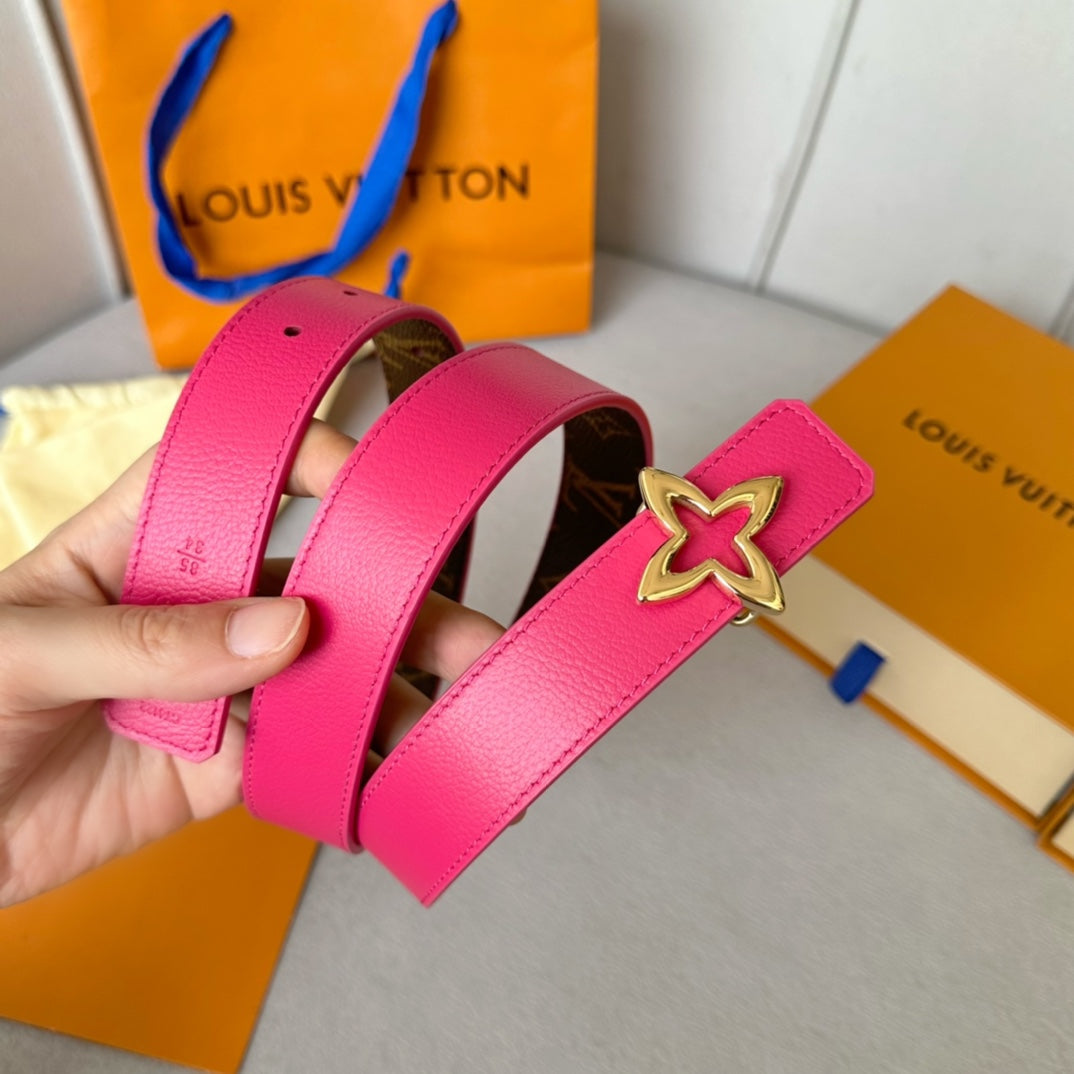 LV  MINI FLOWERGRAM 30MM REVERSIBLE BELT IN BRIGHT PINK CALFSKIN GOLD HARDWARE