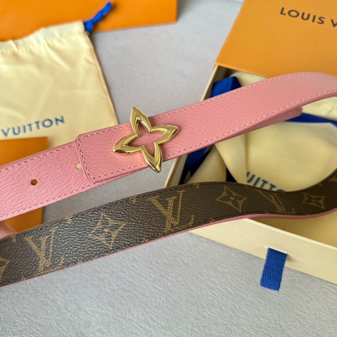 LV Flowergram 30mm Reversible Belt Gold Buckle Pink Brown Leather