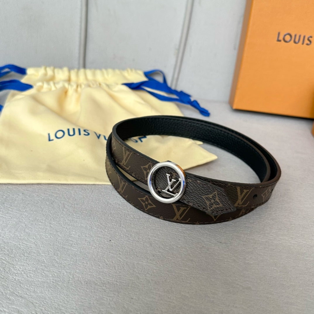 LV Circle 20mm Reversible Belt Silver Buckle Black Brown Leather