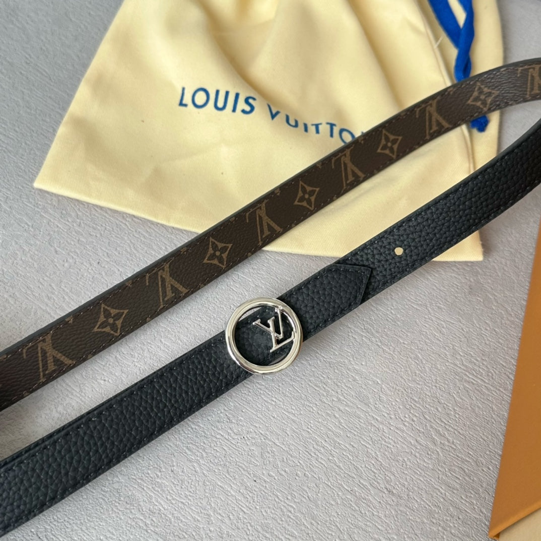 LV Circle 20mm Reversible Belt Silver Buckle Black Brown Leather