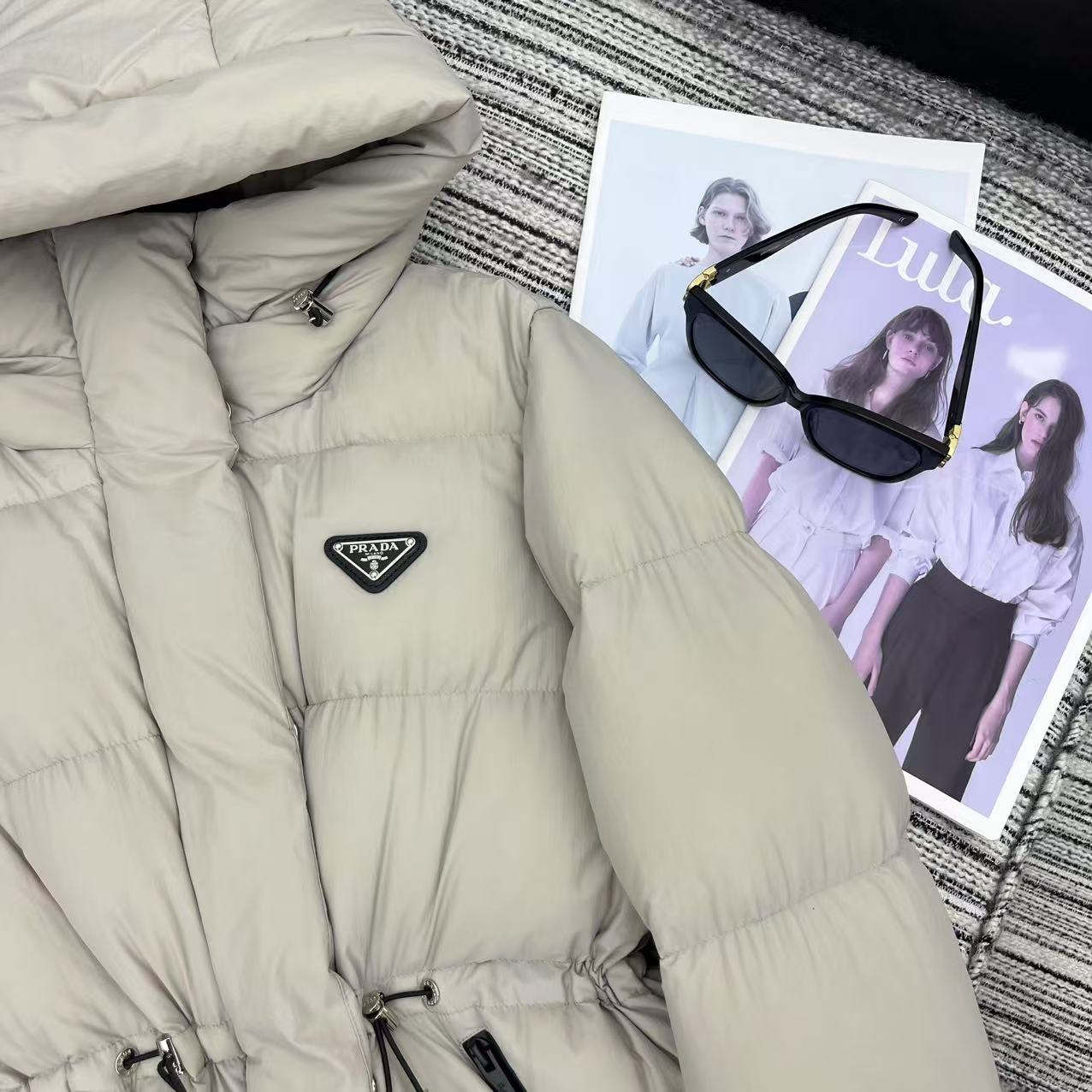 Prada 2025 Drawstring Waist Hooded Jacket Ivory Down Polyester