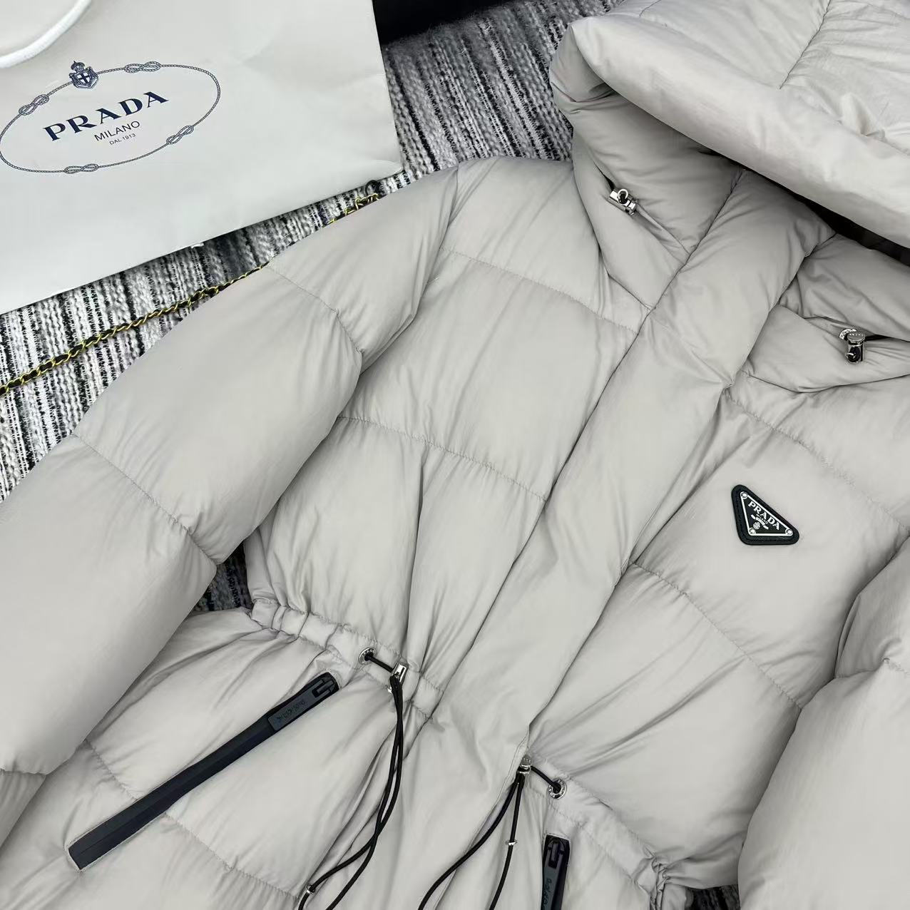 Prada 2025 Drawstring Waist Hooded Jacket Ivory Down Polyester