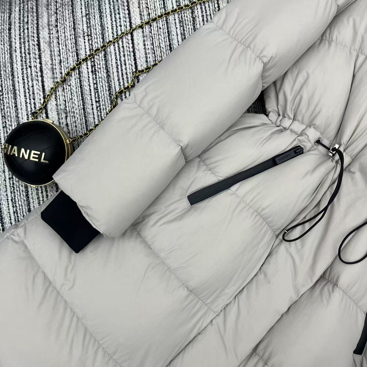 Prada 2025 Drawstring Waist Hooded Jacket Ivory Down Polyester