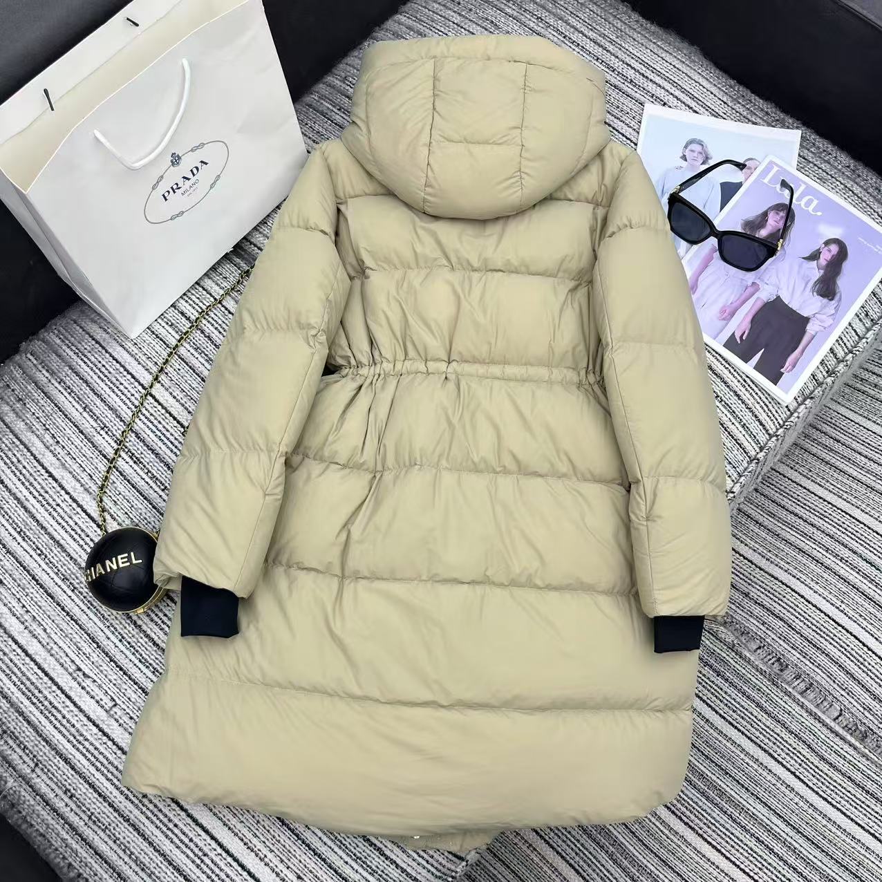 Prada 2025 Drawstring Waist Hooded Jacket Beige Down  Polyester