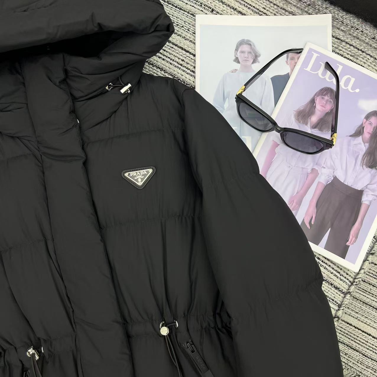 Prada 2025 Drawstring Waist Hooded Jacket Black Down Polyester