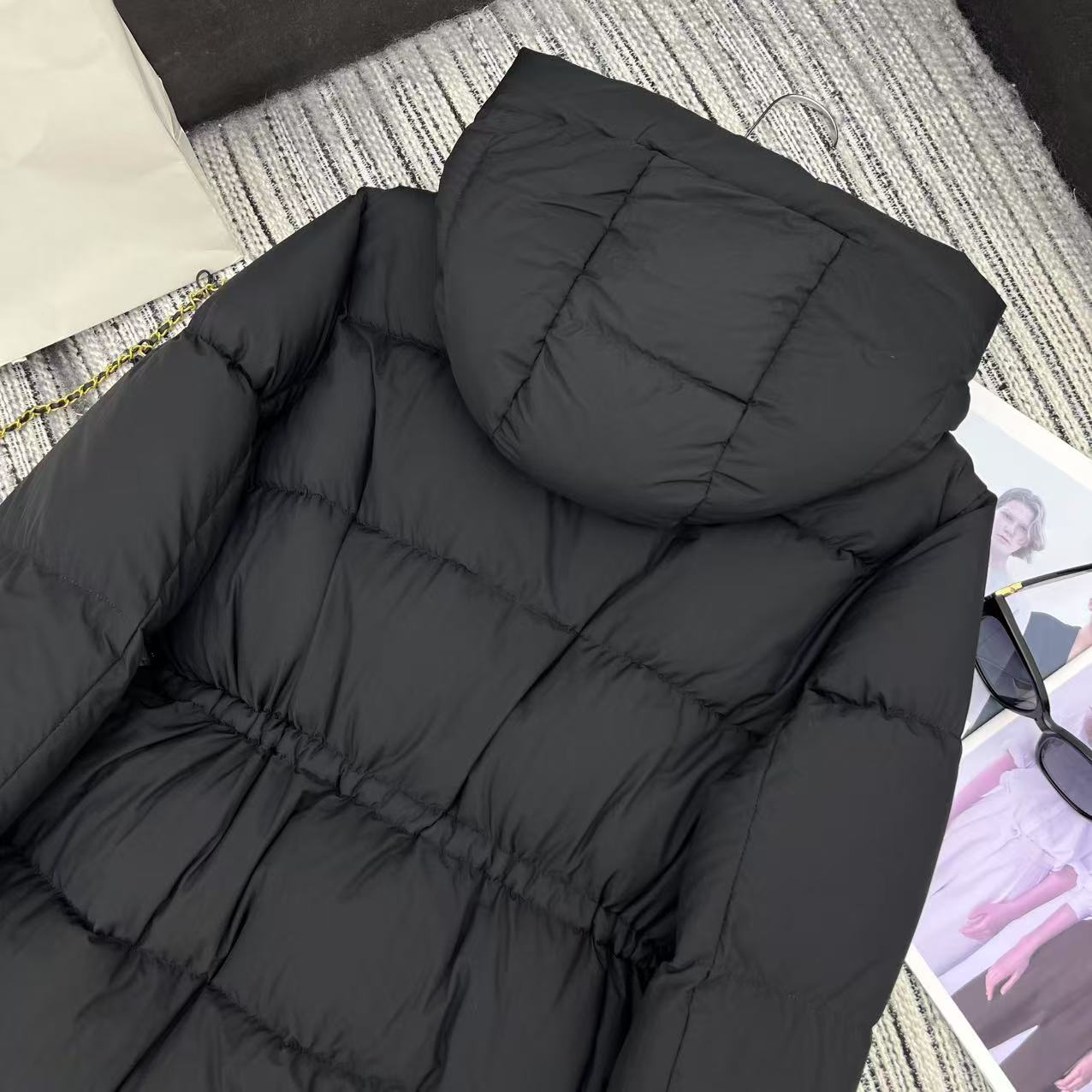 Prada 2025 Drawstring Waist Hooded Jacket Black Down Polyester