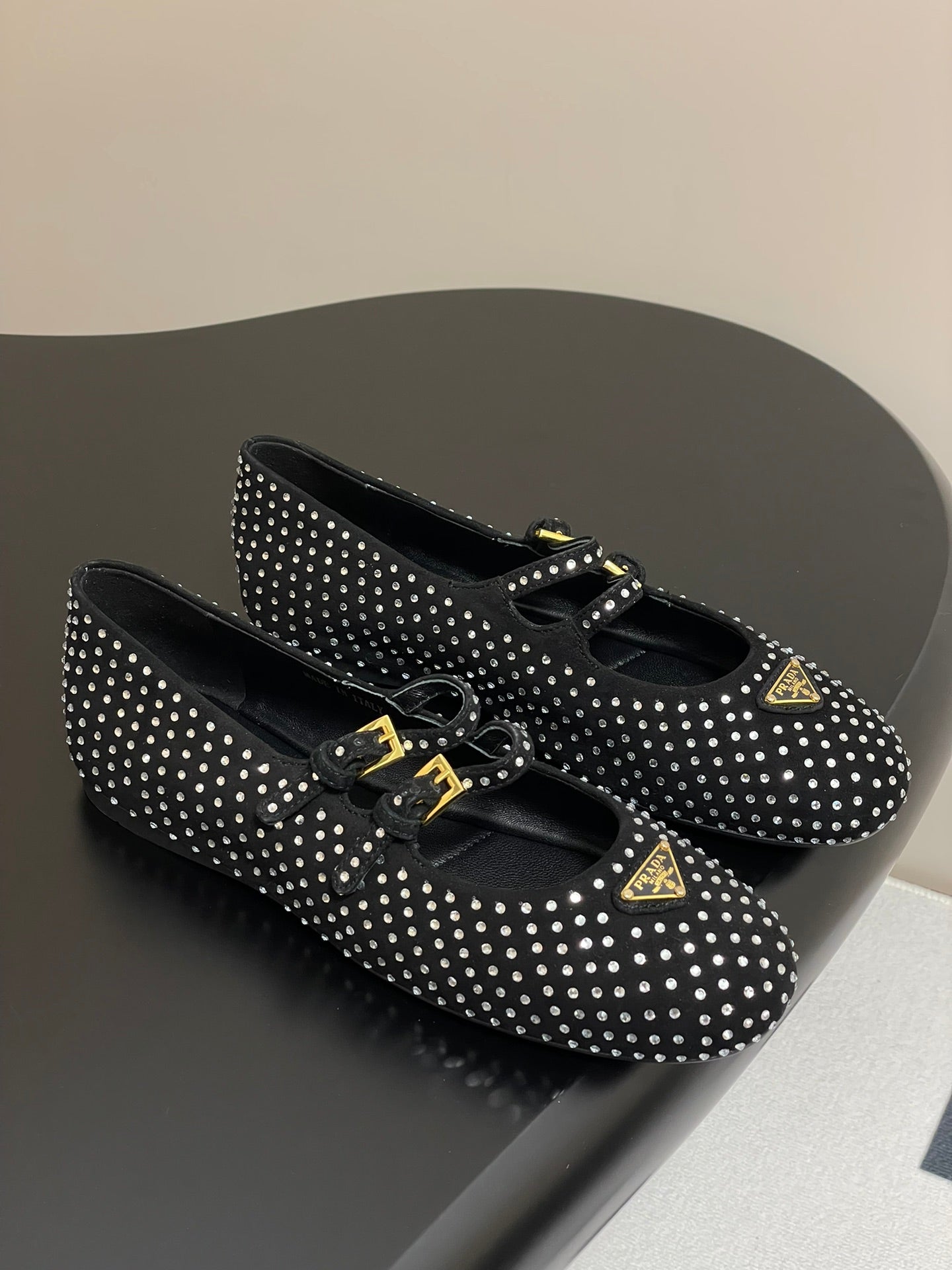 Prada 2025 Triangle Logo Rhinestone Ballet Flat Black Suede Sheepskin 247822