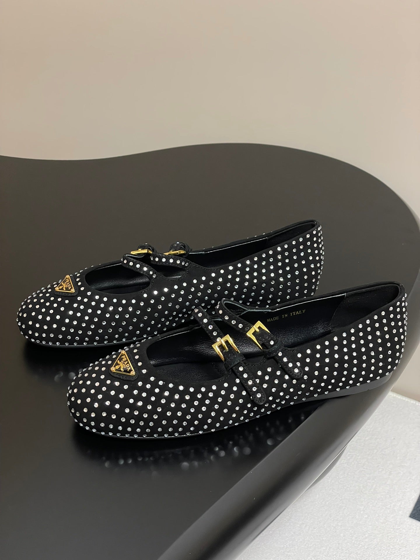 Prada 2025 Triangle Logo Rhinestone Ballet Flat Black Suede Sheepskin 247822