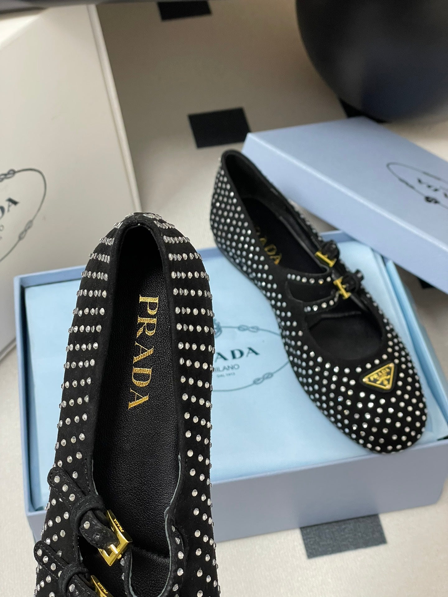 Prada 2025 Triangle Logo Rhinestone Ballet Flat Black Suede Sheepskin 247822