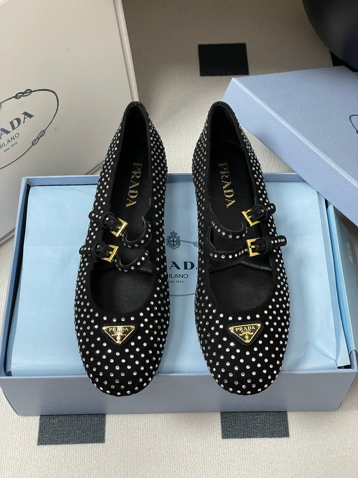 Prada 2025 Triangle Logo Rhinestone Ballet Flat Black Suede Sheepskin 247822