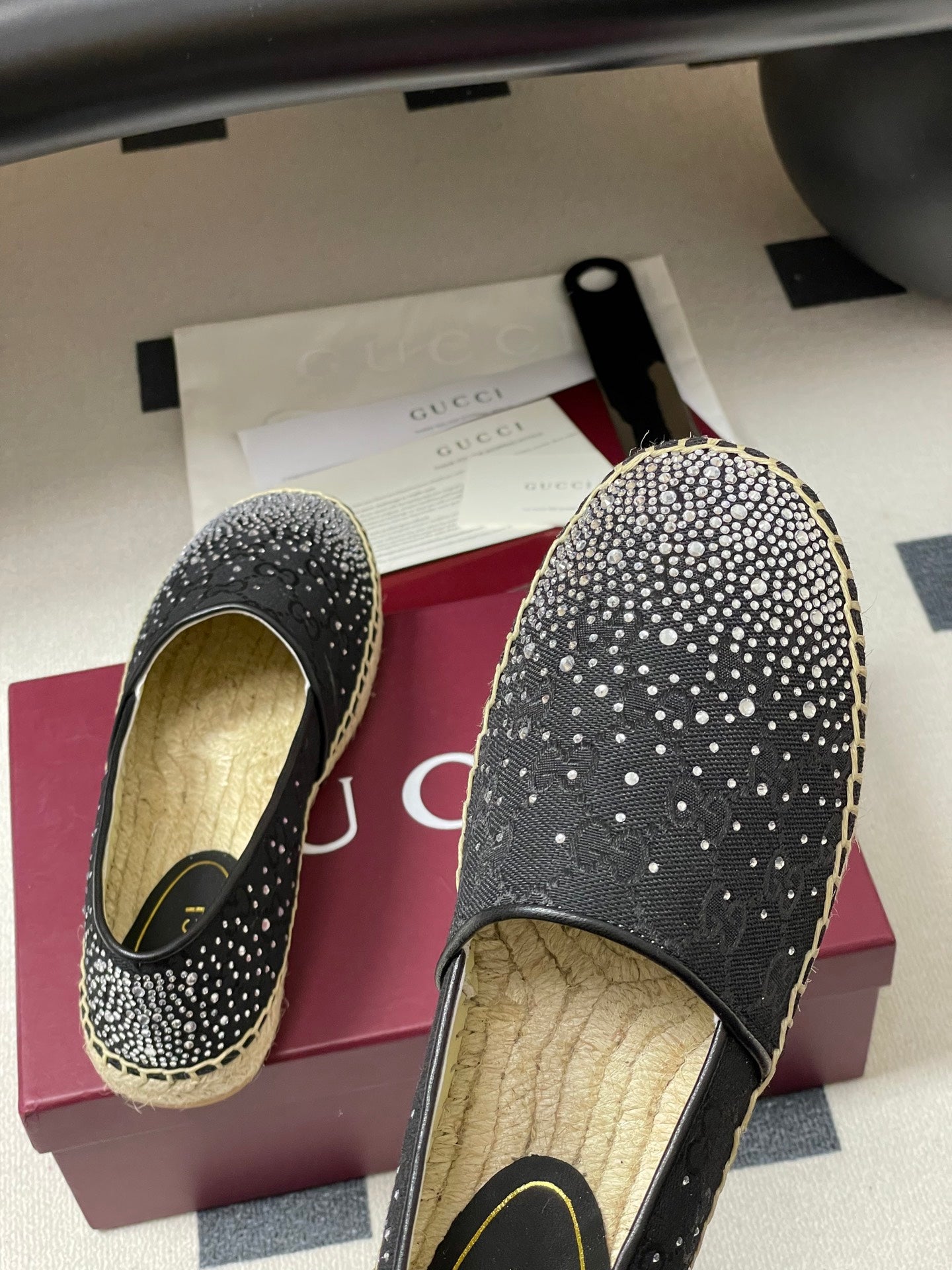 GG 26ss Slip-on Loafers Rhinestones Black Double G Canvas 593499