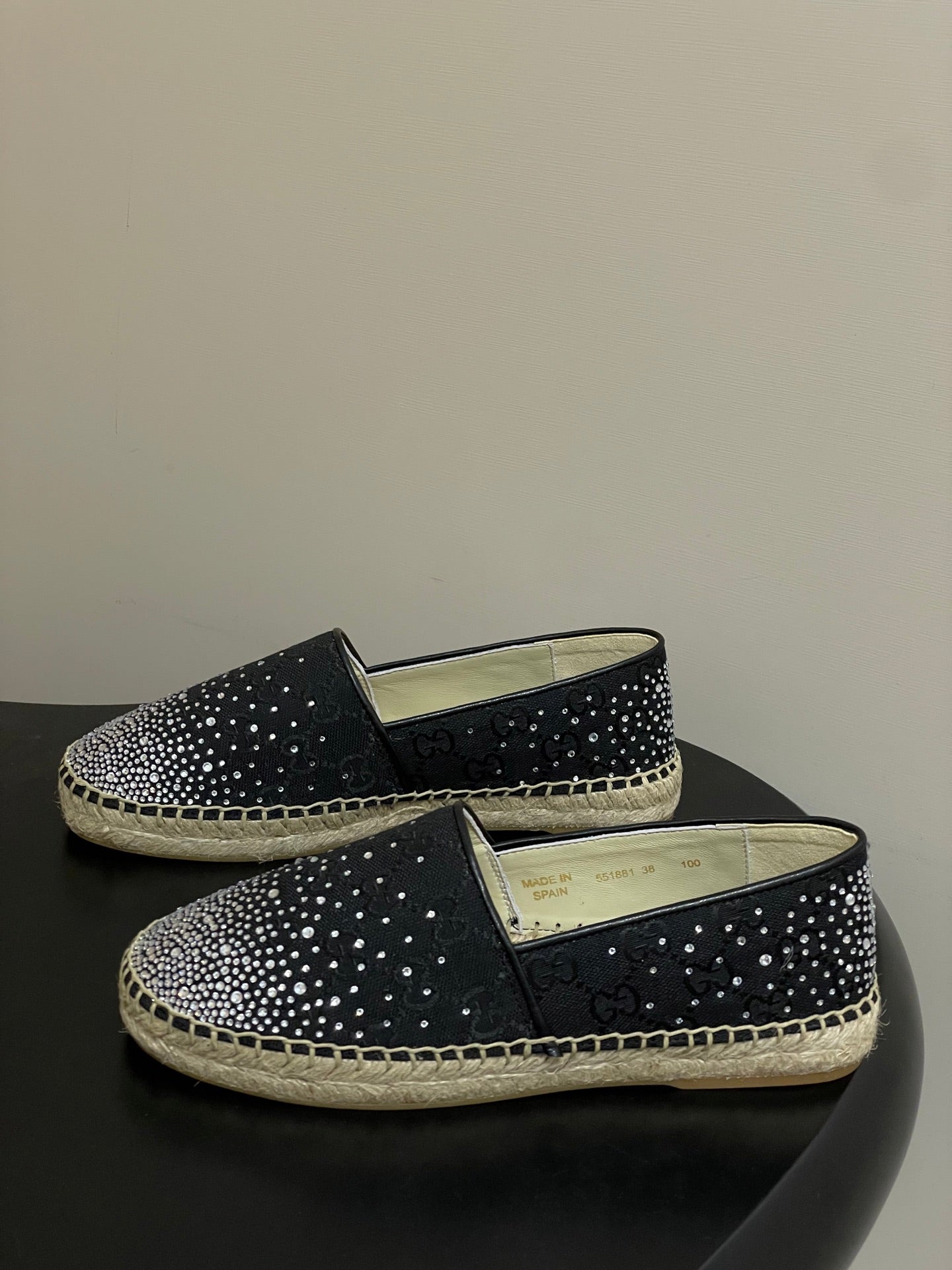 GG 26ss Slip-on Loafers Rhinestones Black Double G Canvas 593499