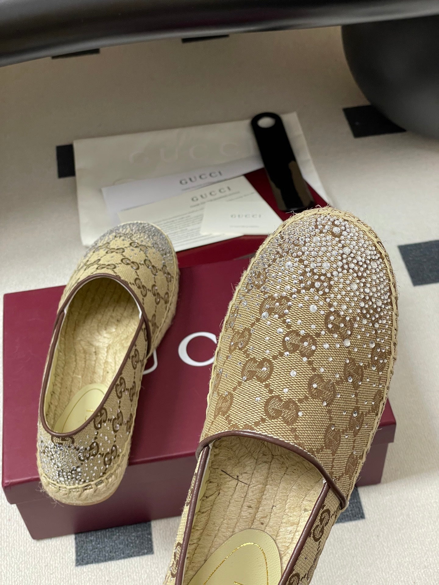 GG 26ss Slip-on Loafers Rhinestones Beige Brown Double G Canvas 593500