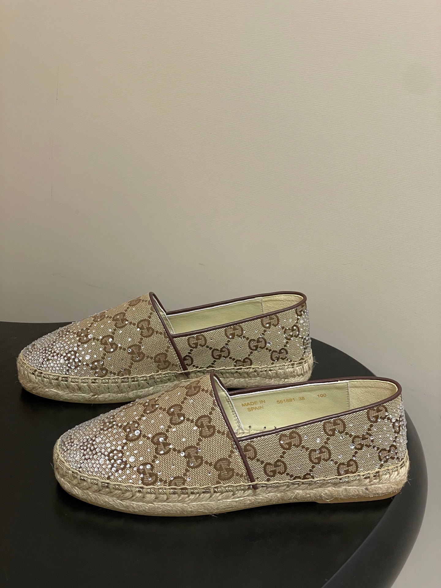 GG 26ss Slip-on Loafers Rhinestones Beige Brown Double G Canvas 593500