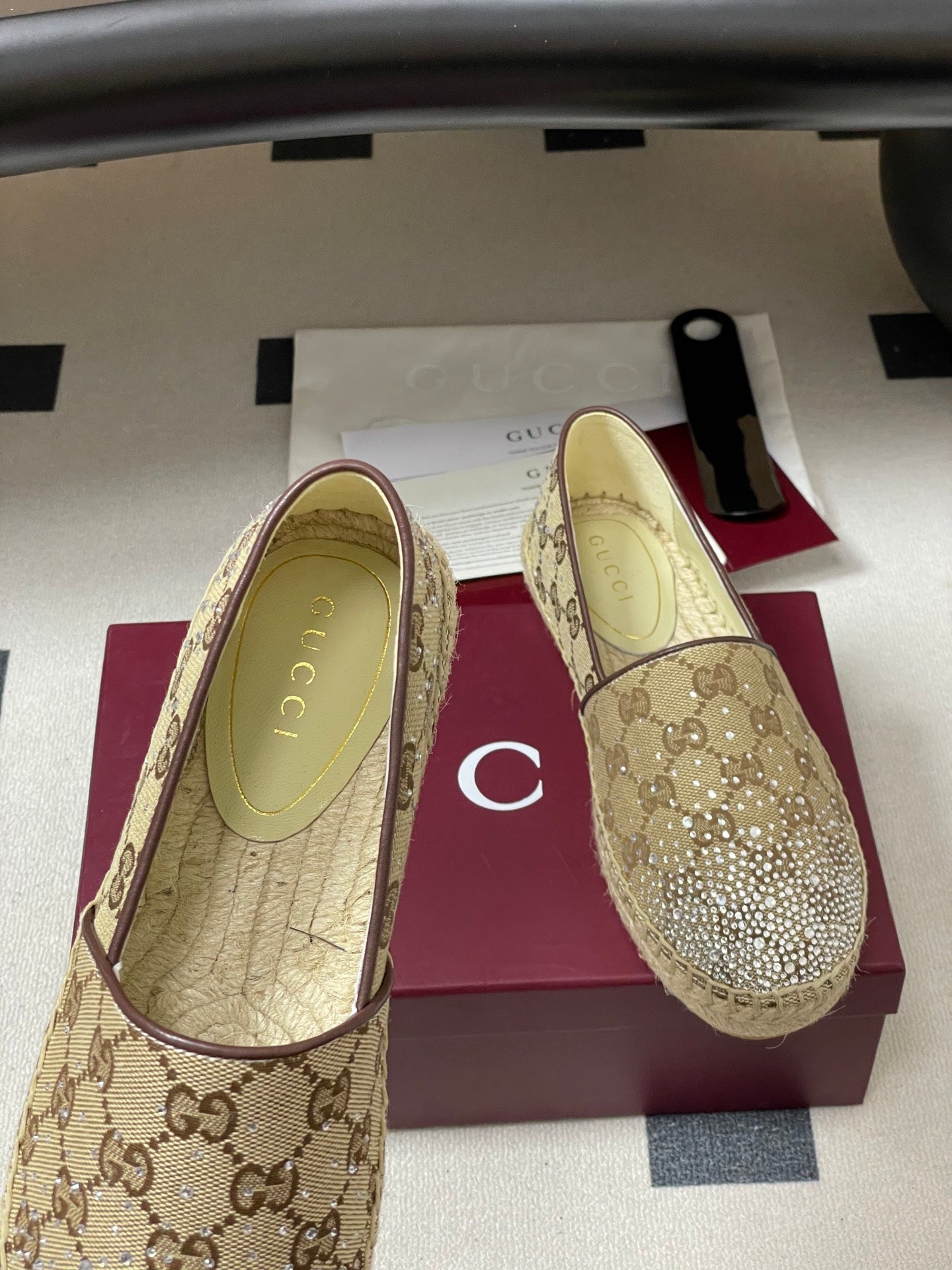 GG 26ss Slip-on Loafers Rhinestones Beige Brown Double G Canvas 593500