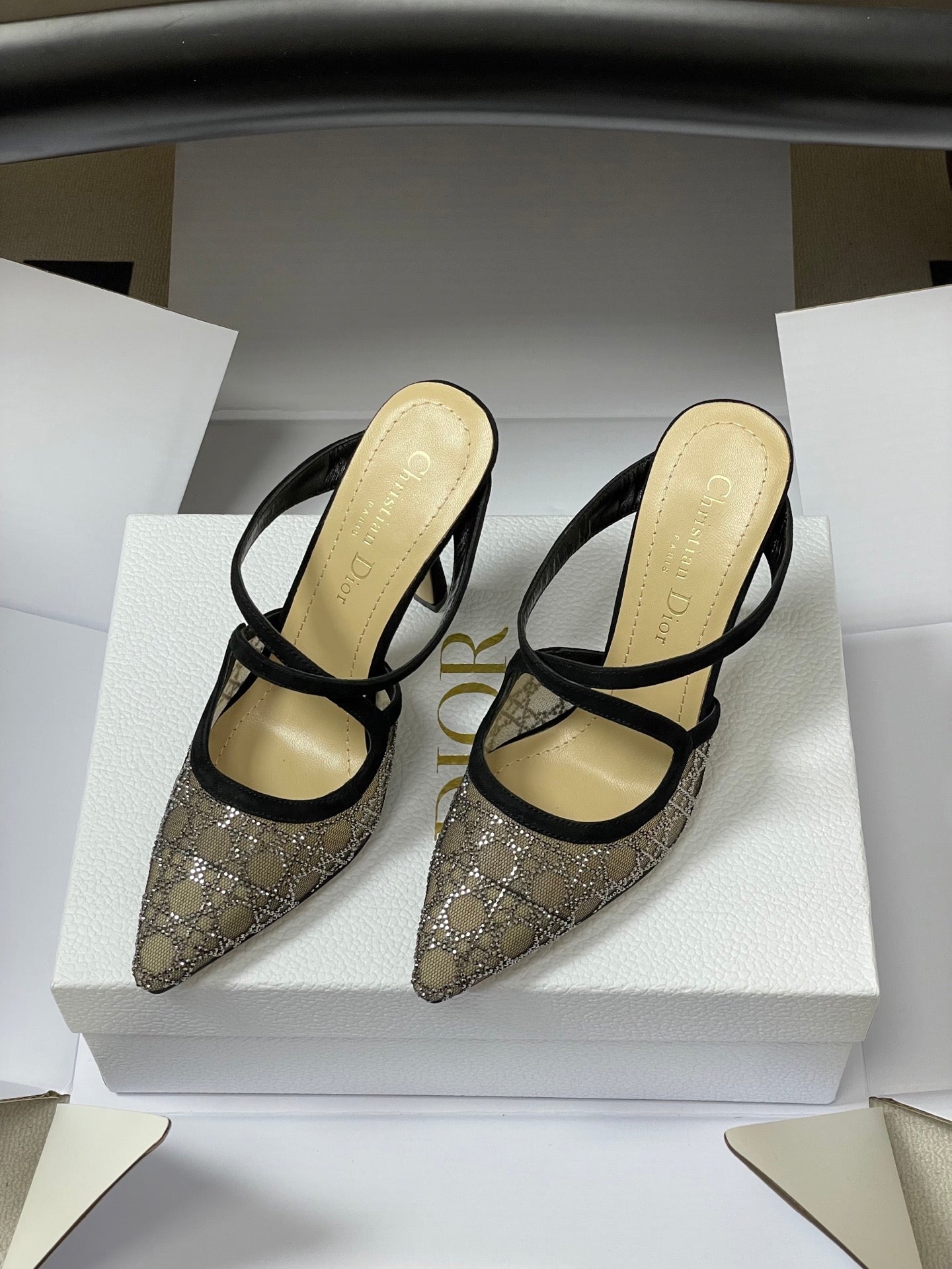 CD 26 High-Heeled Mules Black Beige Mesh Sheepskin 593588