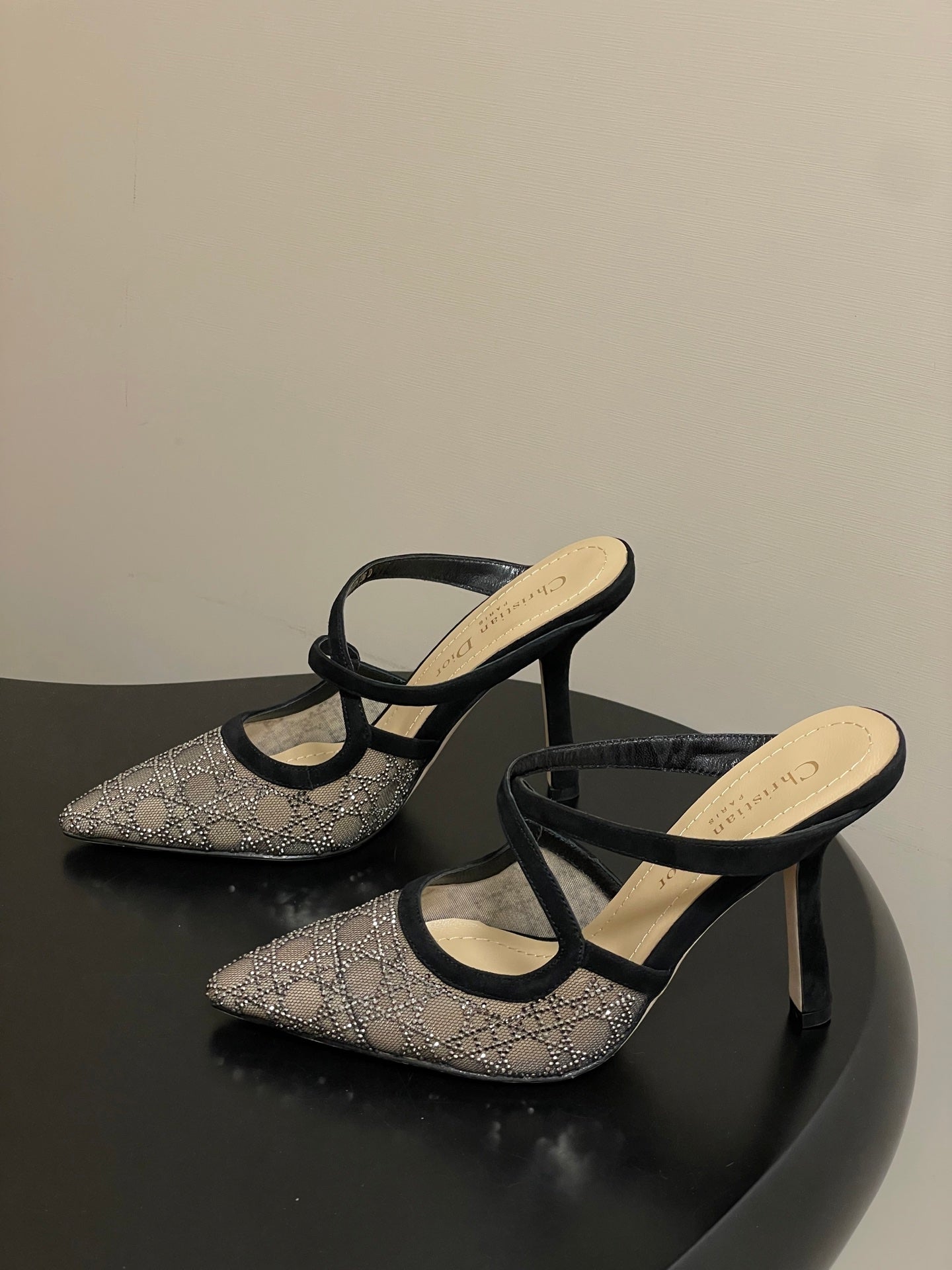 CD 26 High-Heeled Mules Black Beige Mesh Sheepskin 593588