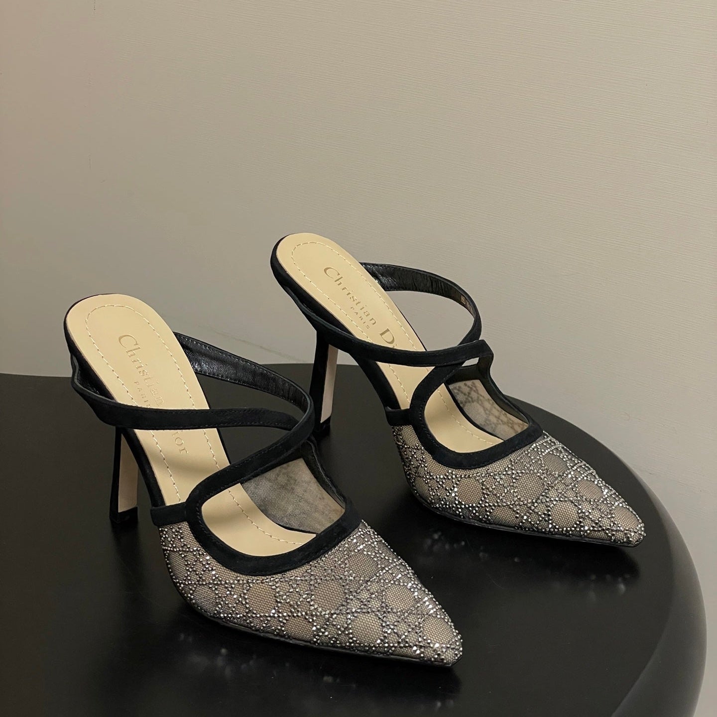 CD 26 High-Heeled Mules Black Beige Mesh Sheepskin 593588