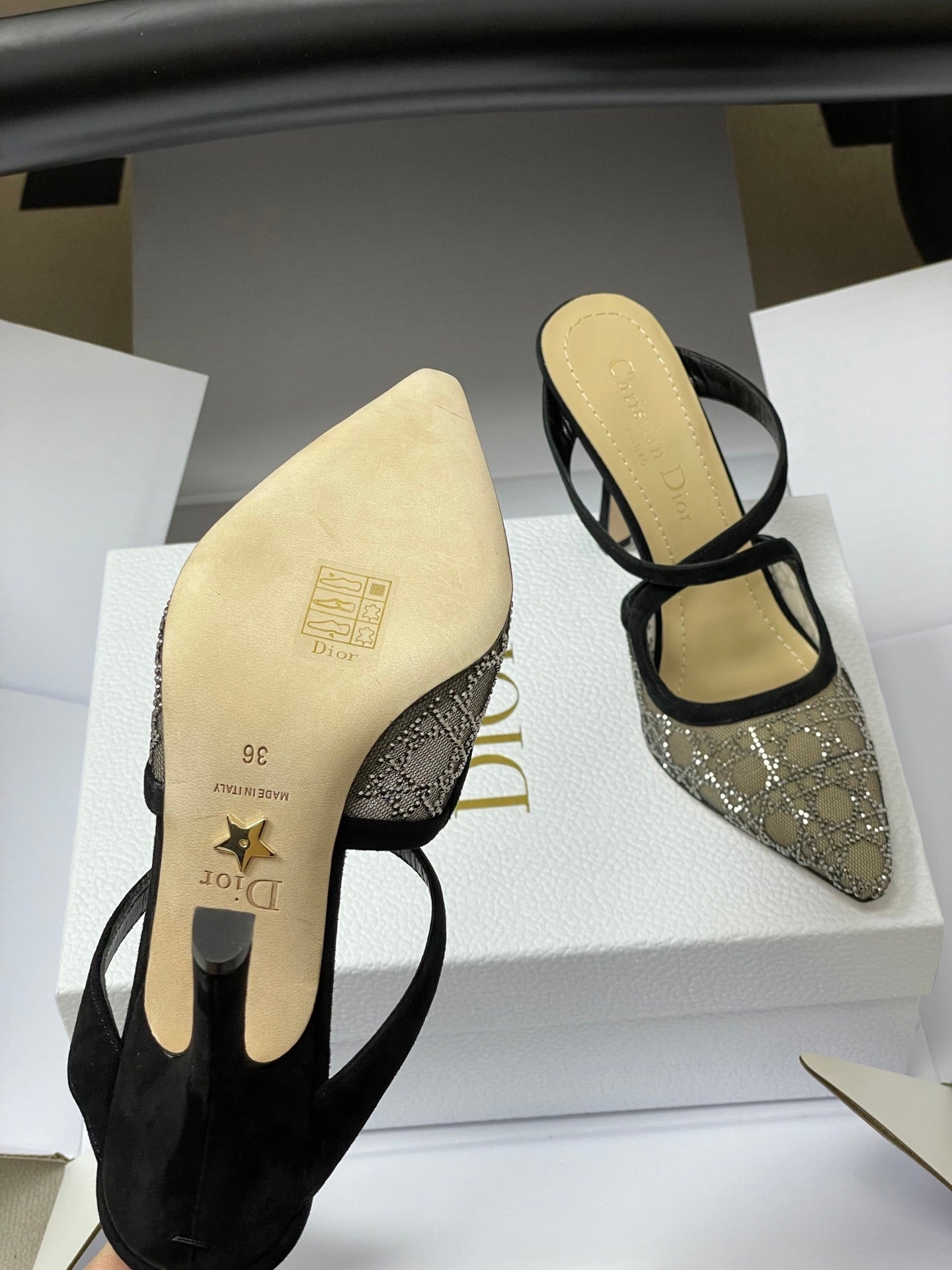 CD 26 High-Heeled Mules Black Beige Mesh Sheepskin 593588