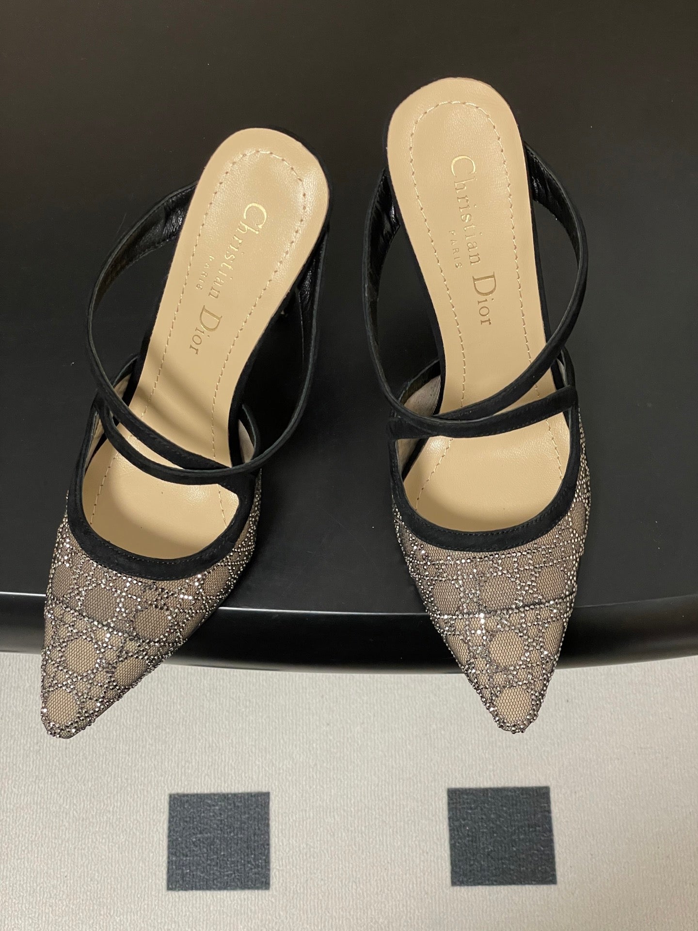CD 26 High-Heeled Mules Black Beige Mesh Sheepskin 593588