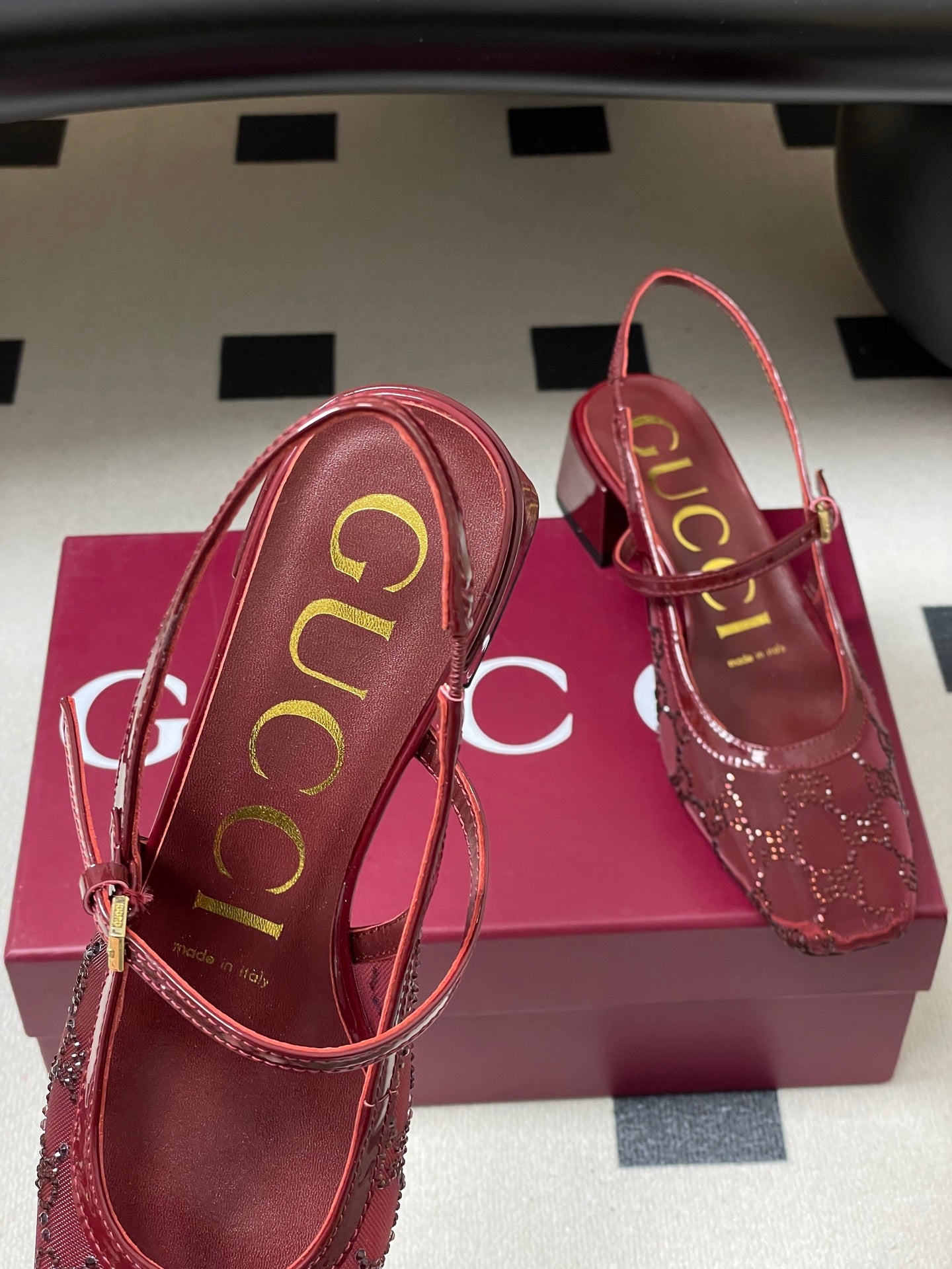 GG 26ss Crystal Rhinestone Mary Jane Red Mesh Fabric 593509