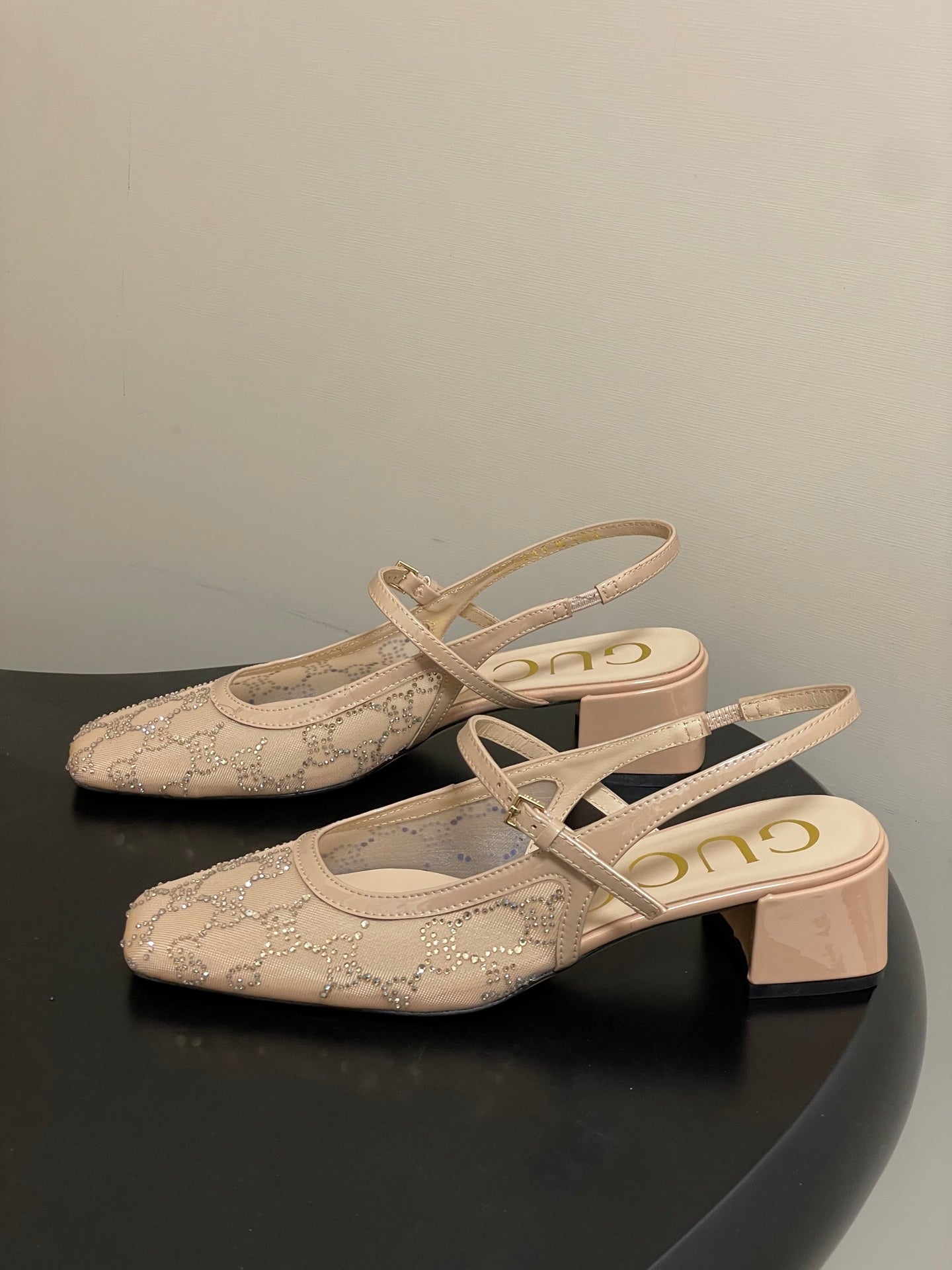 GG 26ss Crystal Rhinestone Mary Jane Beige Mesh Fabric 593510