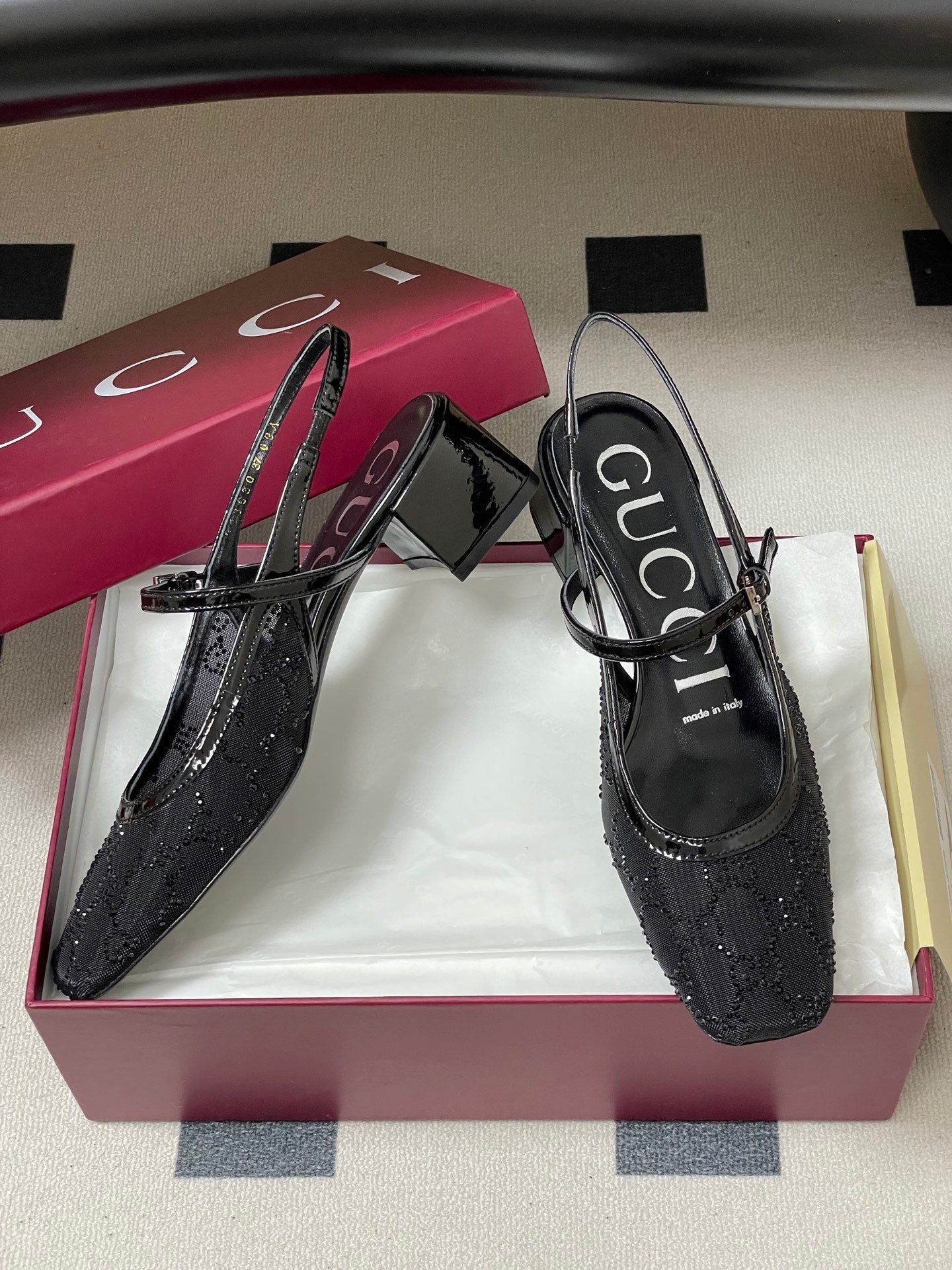 GG 26ss Crystal Rhinestone Mary Jane Black Mesh Fabric 593511