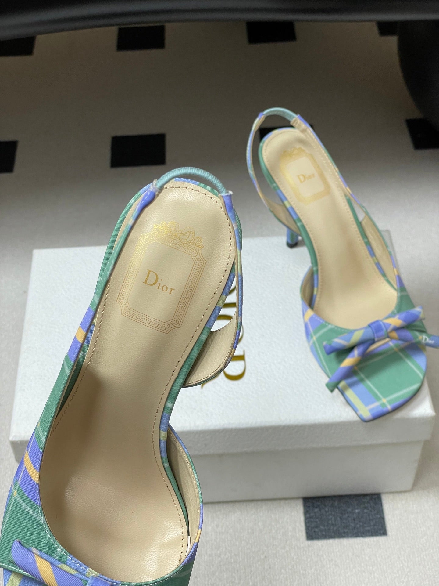 CD 26 Slingback 85 Green Blue Leather Silk Fabric 593601
