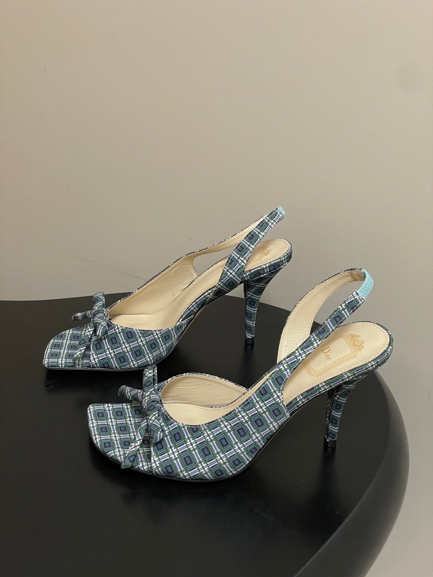 CD 26 Slingback 85 Black Green Blue Leather Silk Fabric 593602