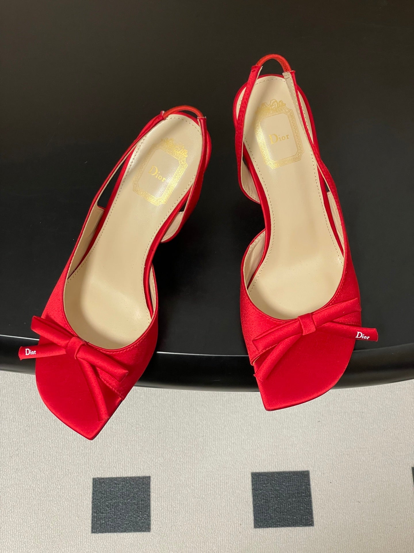 CD 26 Slingback 85 Red Beige Leather Silk Fabric 593603